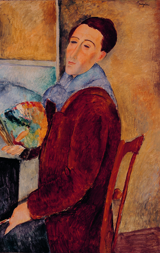 This self-portrait depicts Modigliani in his studio in the stylized features he was known for.