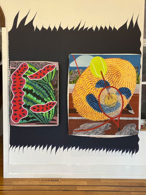 Two bright, colorful, and dynamic paintings by artist Tom Bubul, the left depicting an undulating watermelon and the right depicting a smiling prickly yellow form on a tennis court.
