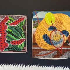 Two bright, colorful, and dynamic paintings by artist Tom Bubul, the left depicting an undulating watermelon and the right depicting a smiling prickly yellow form on a tennis court.