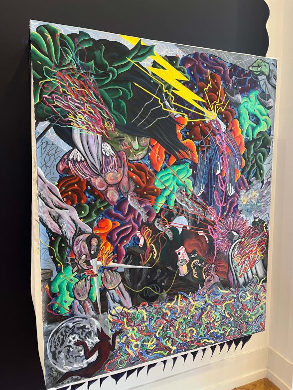 A complex, colorful, dynamic painting by Tom Bubul at Space 1026 gallery.