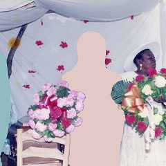 A color photo shows a Black woman dressed in white with a white broad-brimmed hat, standing behind (perhaps holding) a large funeral bouquet of red and white roses. Next to her are three cut-out figures in pale green, peach and ochre, each cut out seemingly holding a funeral bouquet. In the background are sheets draped in an outdoor space, with chairs and tables, and a child on the right and a dog on the left.