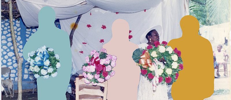 A color photo shows a Black woman dressed in white with a white broad-brimmed hat, standing behind (perhaps holding) a large funeral bouquet of red and white roses. Next to her are three cut-out figures in pale green, peach and ochre, each cut out seemingly holding a funeral bouquet. In the background are sheets draped in an outdoor space, with chairs and tables, and a child on the right and a dog on the left.