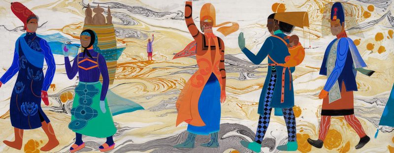 A richly patterned painting by Rajni Perera from their show Beyond the Words of Earth at Temple Contemporary gallery depicting Travellers from the future on another planet.