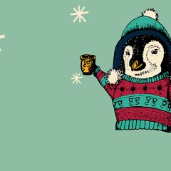 An image of a penguin wearing winter clothes, raising a glass.
