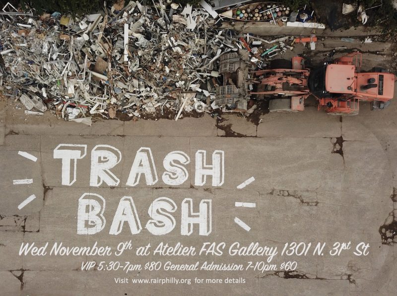 A colorful photo- and text-poster shows an aerial view of a pile of trash and a large red backhoe. The text says “Trash Bash” with radiating lines on left and right sides of the words.