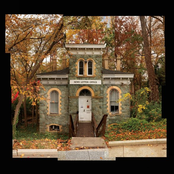 A photomontage art piece by Dereck Mangus highlighting the facade of the Wyman Estate Gatehouse, which has been retrofitted inside