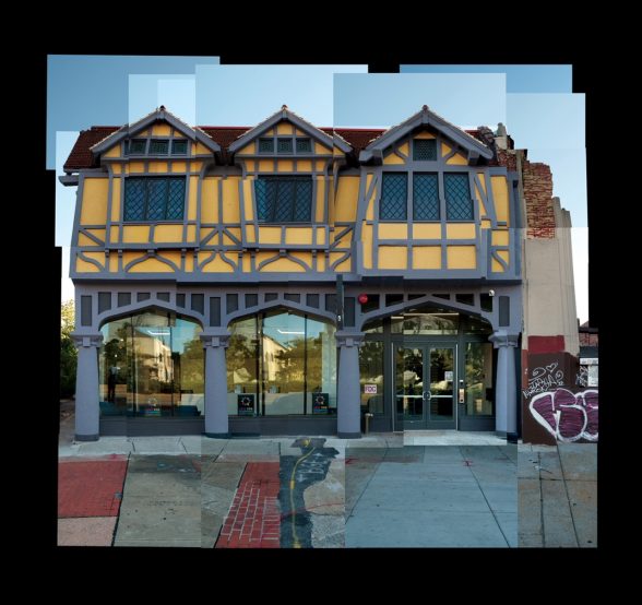 A photomontage art piece by Dereck Mangus showing the facade of the former Odell's Nightclub, which has been retrofitted into an arts and education center after years being abandoned.