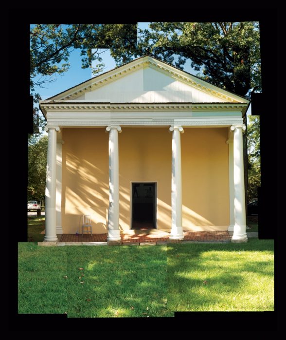 A photomontage art piece by Dereck Mangus showing the facade of the Spring House (also known as the Dairy), a Greek-style building with columns that was relocated from its original location in Baltimore to sit on the lawn of the Baltimore Museum of Art.