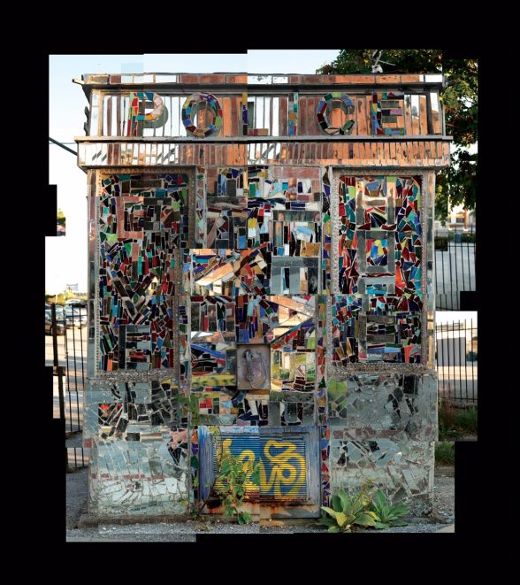 A photomontage art piece by Dereck Mangus showing the retrofitted public art installation "Police Box (Change for the Better) by Loring Cornish.