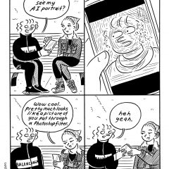 A four-panel, black-and-white comic titled 3:00, or, three o’clock shows two women sitting outside on a park bench discussing how one of the women did an AI portrait that looks only like a portrait run through a Photoshop filter.