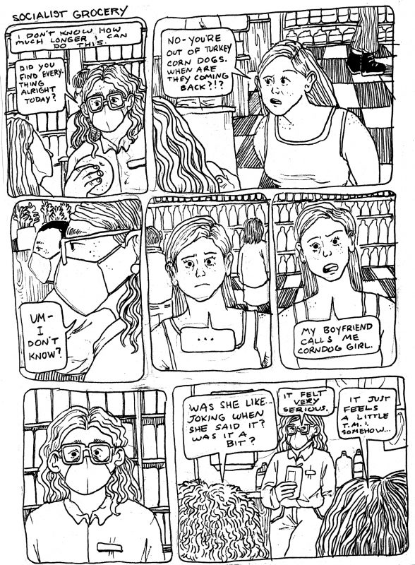 In a 7-panel comic from Socialist Grocery by Oli Knowles, Sebastian has an uncomfortable encounter with a customer at work.