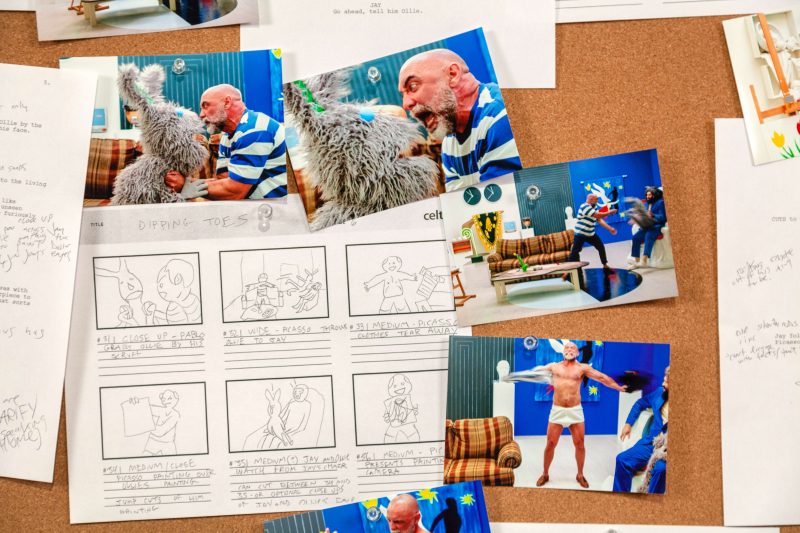 A storyboard on display at Jayson Musson's His History of Art show depicting Pablo Picasso getting into a fight with Musson's cohost, the puppet Olli