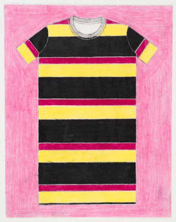 A colored pencil drawing of a horizontally striped yellow, red, and black t-shirt by Woodley White.