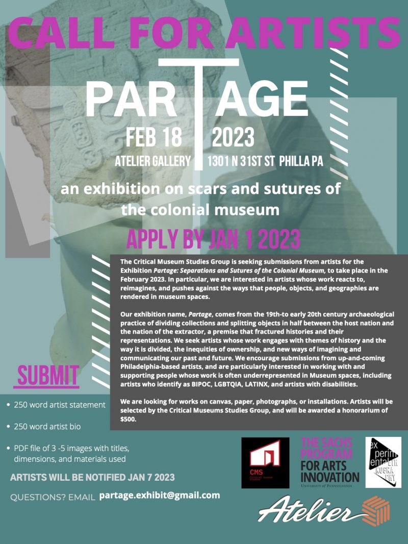 Call for artists from Atelier Gallery, deadline Jan 1st, 2023. The gallery is looking to curate an exhibition on the scars and sutures of the colonial museum.