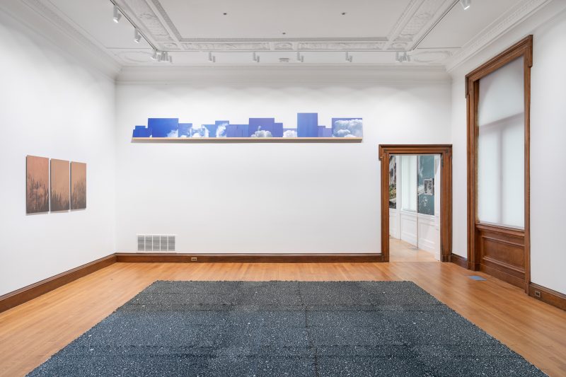 A photo of a large room with a wood floor and dark-wood framed windows and doorways shows a dark rug on the floor and on the far wall a shelf with photos of clouds in a blue sky lined up in a row. A pinkish art work is on the left wall.