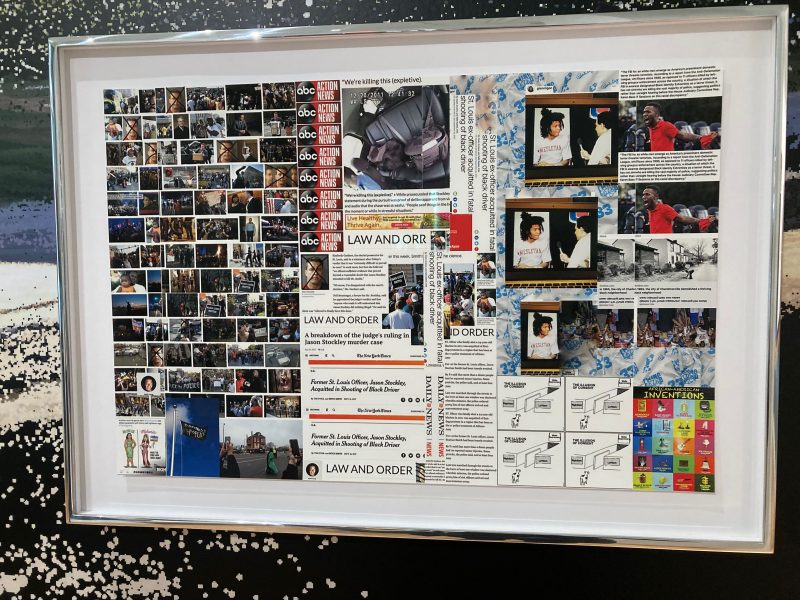 A framed work on paper shows Internet-sourced images from various searches as if someone has done the same searches repeatedly, obsessively.