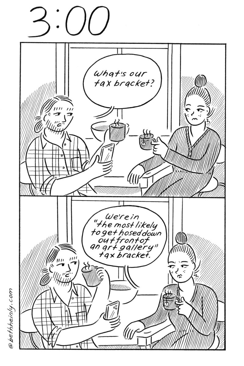A two-panel, black and white comic titled 3:00, meaning three o’clock in the afternoon, shows a man and a woman drinking a hot beverage at a kitchen table and talking about what tax bracket they are in.
