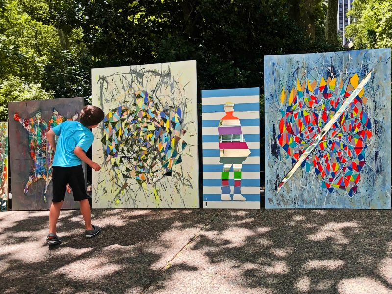 Mixed media work using paint and broken mirrors by the artist "Irregular," Sean Hasset, in Rittenhouse Square. I