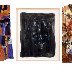 A colorful photo-montage shows three very different works of art by three different artists in an exhibition. On the left is a patchwork quilt in purple and orange patterned fabric swatches mostly in vertical rows; the middle image is a sketch in white on black paper of a closeup of a Black woman; on the right is a collage of photographic and painted imagery on a fragment of a wood fence, the imagery centered on a seated Black woman, perhaps Harriett Tubman, whose head is surrounded by a golden halo.