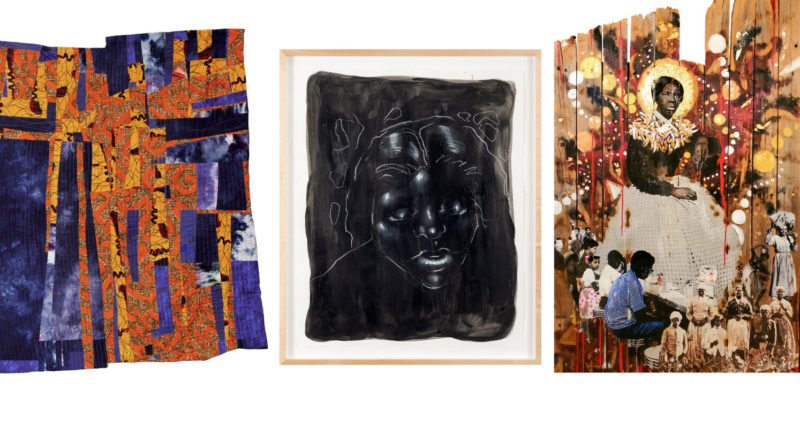 A colorful photo-montage shows three very different works of art by three different artists in an exhibition. On the left is a patchwork quilt in purple and orange patterned fabric swatches mostly in vertical rows; the middle image is a sketch in white on black paper of a closeup of a Black woman; on the right is a collage of photographic and painted imagery on a fragment of a wood fence, the imagery centered on a seated Black woman, perhaps Harriett Tubman, whose head is surrounded by a golden halo.
