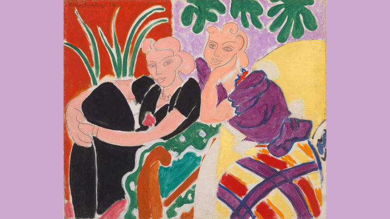 Painting of two pink women outlined gesturally in pencil and posing with plants over brightly patterned couches.
