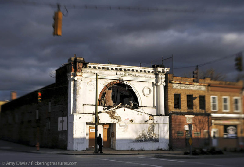 Facade of the crumbling former Fulton theater, a building that underwent several transformations in purpose before eventually being destroyed in a fire.