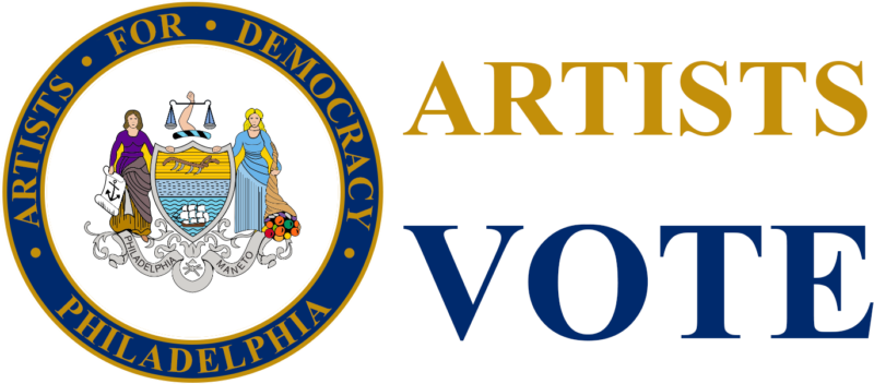 A poster shows the seal of the city of Philadelphia with words “Philadelphia Artists for Democracy” encircling the interior image and on the right in large letters, the words “Artists Vote”