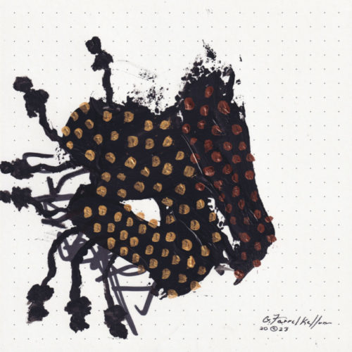 A black butterfly like form with the left wing having gold dots and the right copper. Out of the left wing appears black flowerlike forms and hooking lines. Set against a dotted graph paper background.
