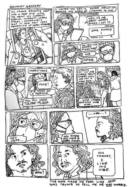 An 8-panel comic from the Socialist Grocery series by Oli Knowles where Sebastian finds a new obsession with Harry styles.