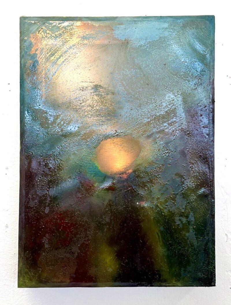 An atmospheric abstract painting seems to show a bright yellow-orange sun seen from underwater, with what might be sky and clouds above and deep dark sea below. 