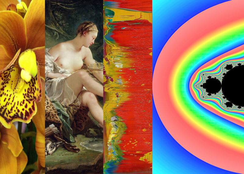 A colorful photo-montage in four side-by-side panels shows (l-r) a closeup of a yellow tropical flower in full bloom; a detail of the goddess Diana from a Boucher painting; a red, gold and green scraped painting detail by Gerhard Richter; and a detail of a fractal image with Mandelbrot edges.