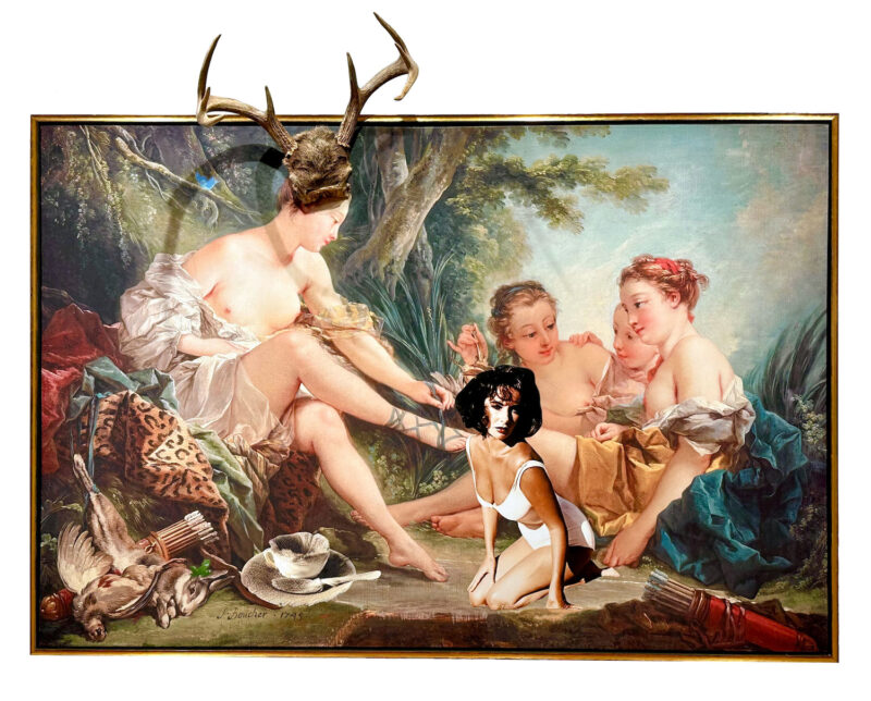 A colorful photo and mixed media collage features an image from a 19th C painting of the goddess Diana after hunting a rabbit and a bird, sitting on luxurious velvet cloths taking off her sandals while members of her retinue look on; however, anachronistic images of Elizabeth Taylor and the fur-lined teacup of Surrealist Meret Oppenheimer and the actual antlers of a deer add cacophony and dissonance to the image.