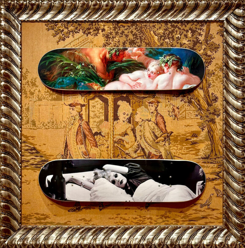 A bright, colorful image shows two horizontal lozenges that are skate decks, with images on them, the top, a lush and sexy mythological scene by the painter of Romantic works, Boucher, and in a jarring juxtaposition, the bottom lozenge/skate deck shows a black and white image of Candy Darling on her death bed from AIDS, while in the background is a golden tapestry from what looks like the French Court of Louis XIV, with white powdered wig on the woman being carried by two liveried servants wearing dress coats and tricorn hats.