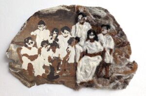 A family of figures with dark skin, white masks, and white clothing are painted and felted onto a dark brown irregularly shaped piece of stoneware. The left side is painted the right side is felted.