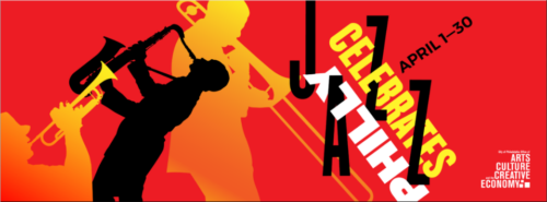 On a red background in the left side a black silhouette of a tenor saxophone player plays reaching his sax into the air. An orange silhouette in the bottom left reaches his trumpet in the air. On the right of the sax player a trombonist plays. The right side of the poster displays the type Philly Celebrates Jazz in a wild orientation.