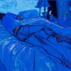 A figure sleeps in a tussled bed with jeans and a white shirt on. A overwhelming blue covers the figure and the rest of the interior space.