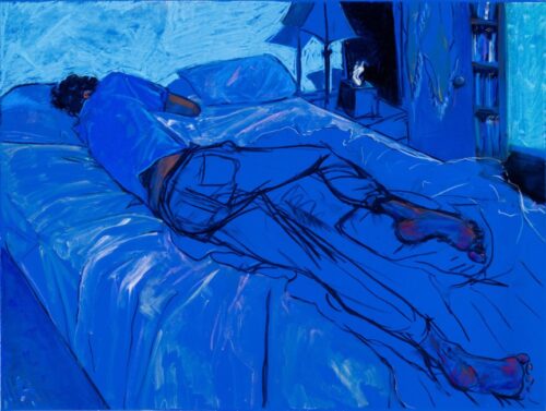 A figure sleeps in a tussled bed with jeans and a white shirt on. A overwhelming blue covers the figure and the rest of the interior space.