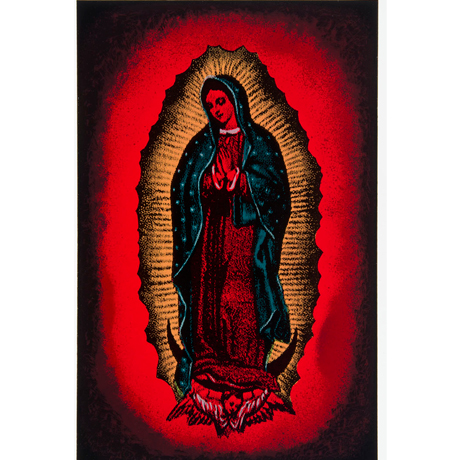 The Virgin of Guadalupe is cast in a blood red halo.