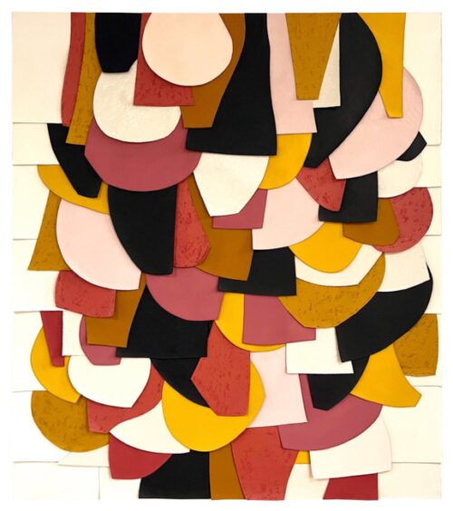 Rounded and right angled shapes of yellow, brown, red, pink, black and white clutter the center of the space from top to bottom. White dominates the edges to the right and left in rectangular shapes.