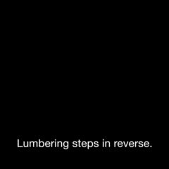 A pitch black rectangle, which is taken from a video by Carolyn Lazard, holds white text on the bottom that says, “Lumbering steps in reverse.”