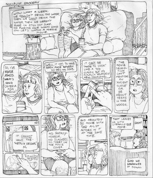 In a 9-panel comic from the Socialist Grocery series by Oli Knowles, Maggie, Sebastian's partner exasperates, "Wow. What a week. We Couldn't drink the water, then we could drink the water, then we weren't sure. I'm still not sure. No fucking clue what's going on. Let's watch a horror movie." While sitting on a couch next to a gaming Sebastian. The middle left panel focuses on Maggie's face, calmly they ask, "So, I've never asked. What's your criteria for horror?" Sebastian in the center middle panel responds with hand gestures and says, "Well, it has to be made between 20 1980 and 2015." On the center-middle right panel Sebastian points one index finger to another saying, "It can't be "made to look" like a 70's classic but it's actually relatively new. Confusing." The far middle right panel shows a close up of Sebastian as they say, "The movie description can't mention 'ancient curse' or be about teens in the woods." The bottom left most panel shows Maggie's Netflix home page with Sebastian's finger pointing and them saying, "It cannot have the "Netflix Original" N." The bottom center left panel has Sebastian sitting on the couch continuing their list, "No fantasy-horror, no slashers, no trees on the movie cover." In the bottom center right panel Sebastian continues on pictured in a profile view alongside Maggie, impassioned they say, "And absolutely no movie with two A-list actors in it at the same time." In the bottom right most panel a view from behind the couch shows Maggie desperately saying, "That leaves us with literally one movie." Sebastian excitingly says, "Great! Glad we narrowed it down."