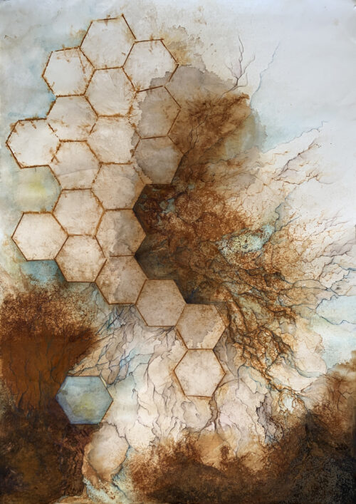 a hexagonal cluster spreads from the upper left corner to the bottle middle. In between iron red dust branches out into the negative space.