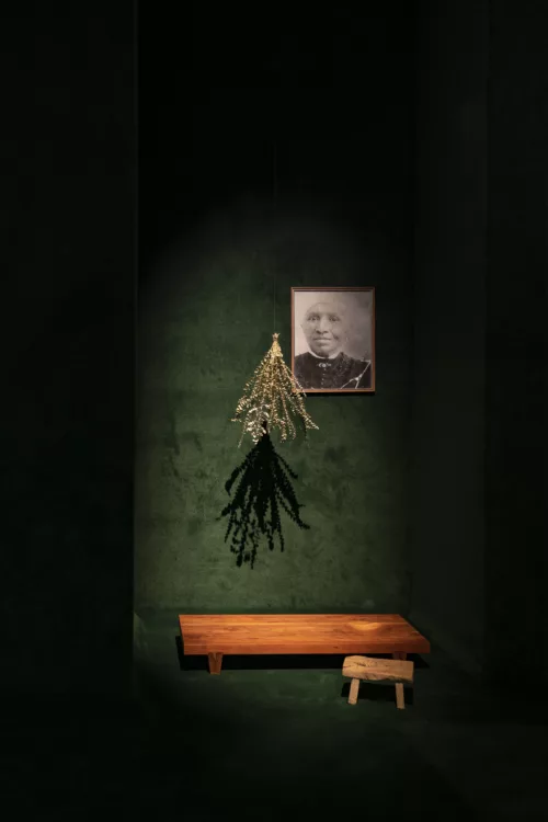 A photo shows a darkened room with a velvet green wall and floor, portrait size photograph of an older black woman, shown from the shoulders up in 19th century dress rests in the middle of the wall with a grouping of dried branches hanging from the ceiling to the left, below these items are two low benches, one a long warm reddish color rests against the wall and the other smaller footstool size is more natural color.