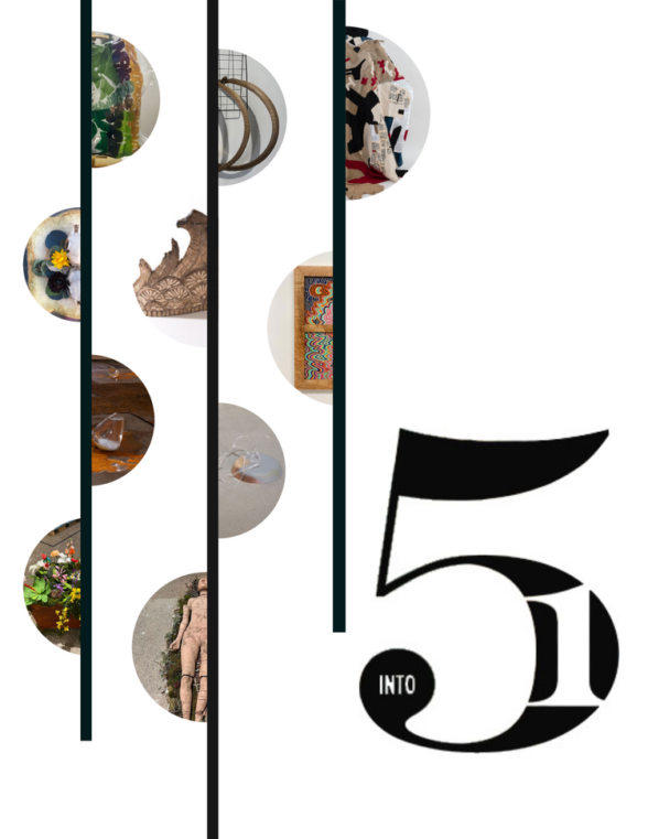 Poster for the annual 5 into 1 exhibition organized by Philadelphia Sculptors. Depicts a series of sculptures in half circles going down three lines. At the right of the three lines is a 5 a with a 1 in the body and into in the tail.