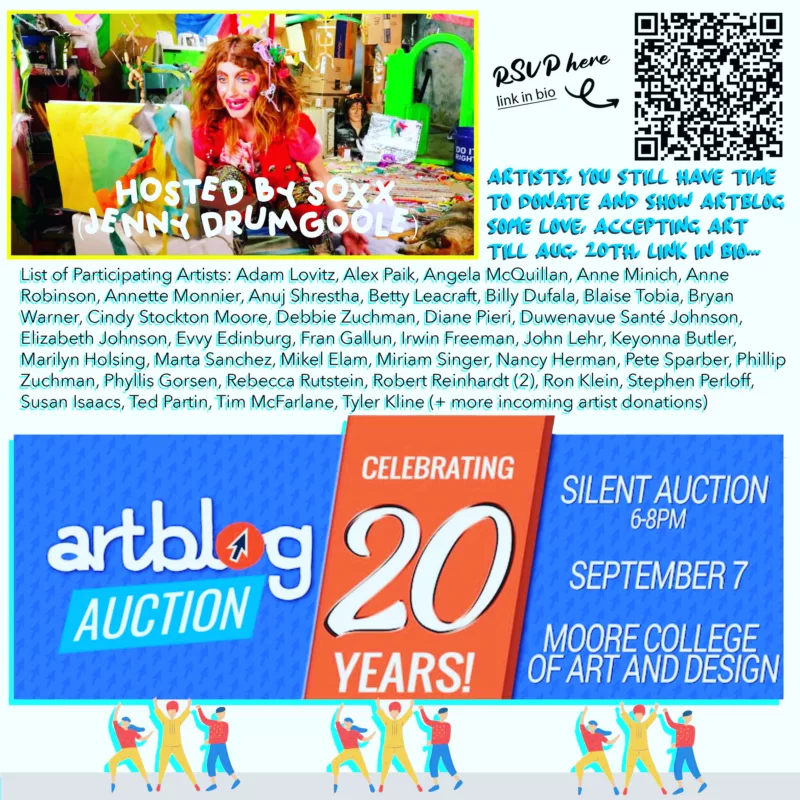 Colorful poster advertising a 20th birthday party and silent auction for Artblog, featuring many artists names and a picture of the M.C. Soxx, a QR code for tickets and at the bottom some tiny dancing figures holding up the big sign for the party.