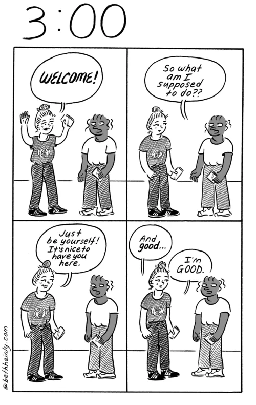 A four-panel comic titled 3:00 at the top, meaning three o’clock in the afternoon, shows a white woman and a Black women greeting each other, with the Black woman feeling confused and uncomfortable and the white woman feeling good (and clueless as to how the Black woman feels).