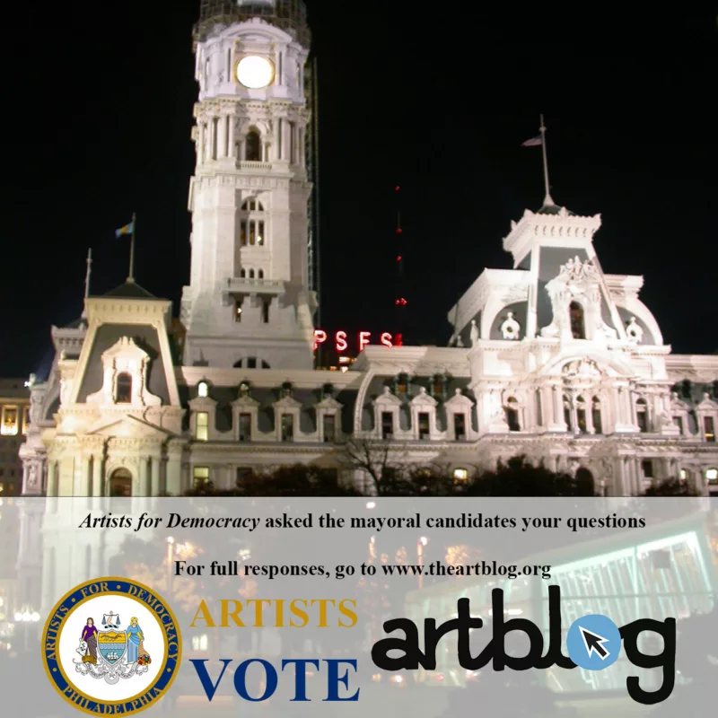 A color photo shows Philadelphia City Hall at night, brightly lit, and there is writing superimposed and logos of Artblog and Artists for Democracy