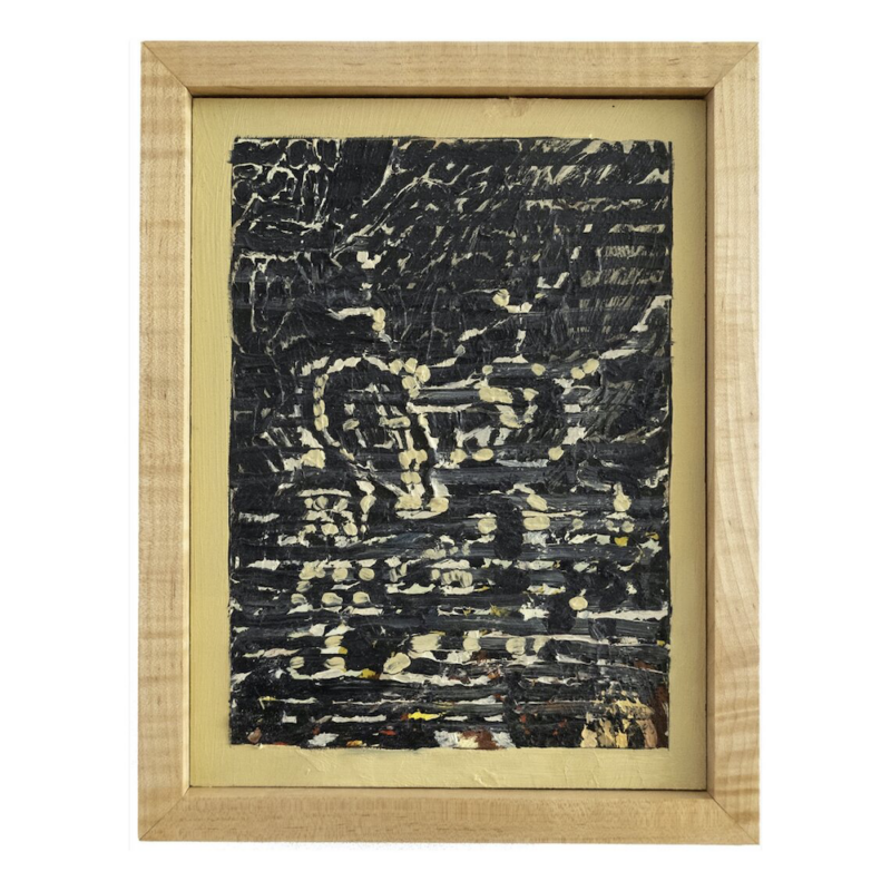 A painting in a wood frame shows a horizontally striated black and white image in which the content is not apparent but the feeling is one of agitation and concealment. The piece by Seneca Weintraut, is called E88- 1819219 (NIGHT VISION).