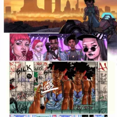 A four, vertical-panel graphic shows an edgy, wordless comic of an Afrofuturist narrative of a dystopian future, where many are terrified, although some are not.