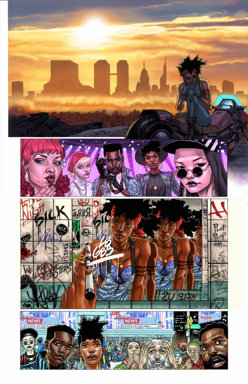 A four, vertical-panel graphic shows an edgy, wordless comic of an Afrofuturist narrative of a dystopian future, where many are terrified, although some are not. 